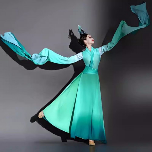 Green Gradient waterfall sleeves chinese folk Classical dance costumes for women girls fairy hanfu Tang Dynasty Art Examination Water sleeve dance dresses